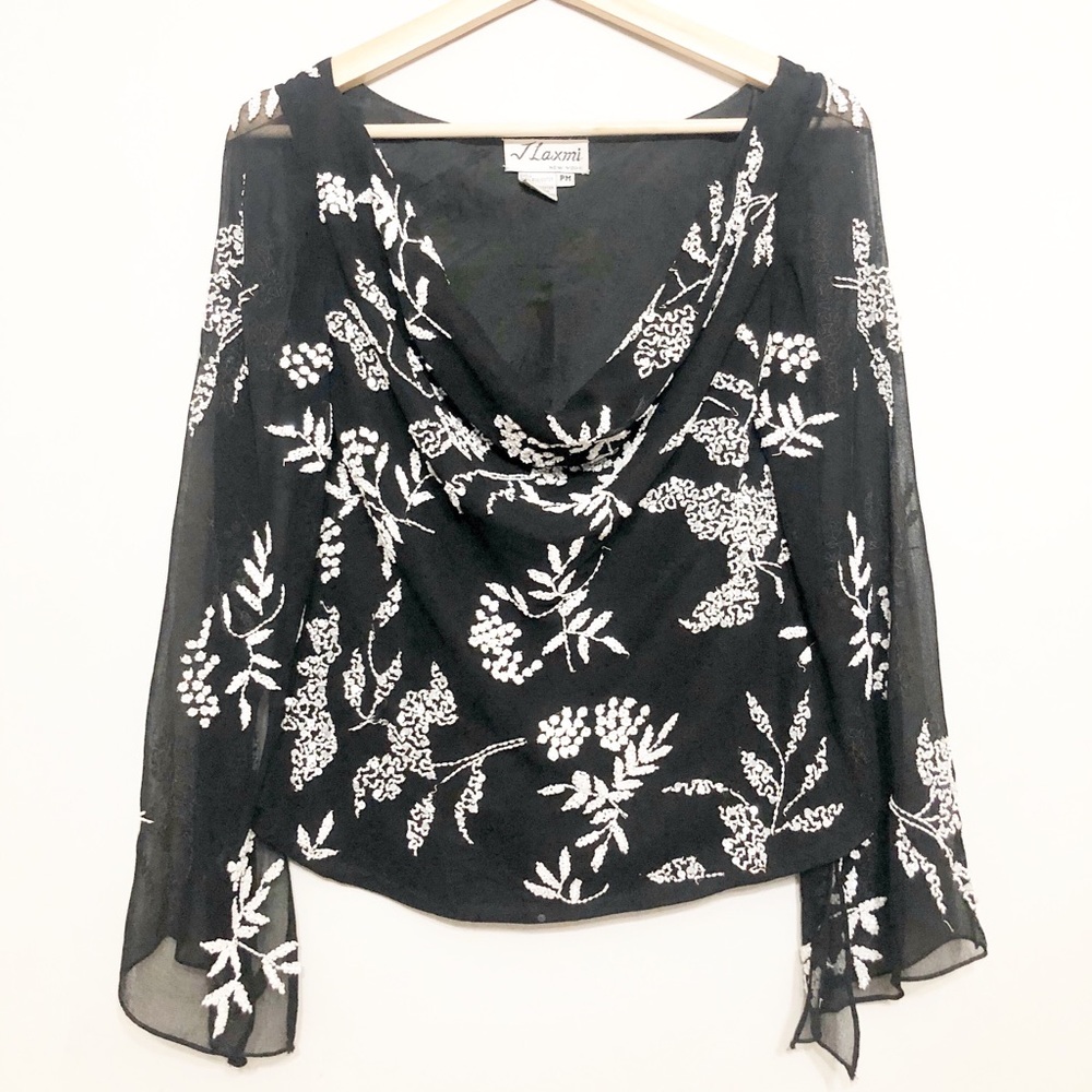 Black Floral Cowl Neck Blouse